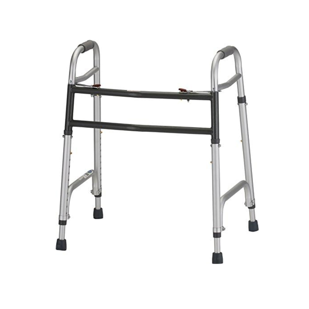 The Nova Medical HD Bariatric Walker is a lightweight, silver metal walker with dual-button release, black foam hand grips, and four rubber-tipped legs, designed to support individuals with mobility challenges.